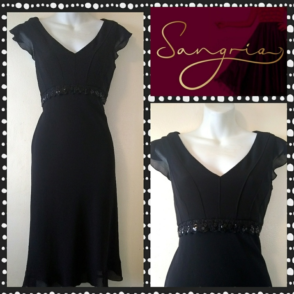 Sangria Black Midi Dress w/Sequin Lace Trim Sz 12